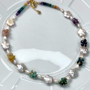 Handmade Freshwater Clover ☘️ Pearl Multi Gemstone 💎 Cluster Necklace
